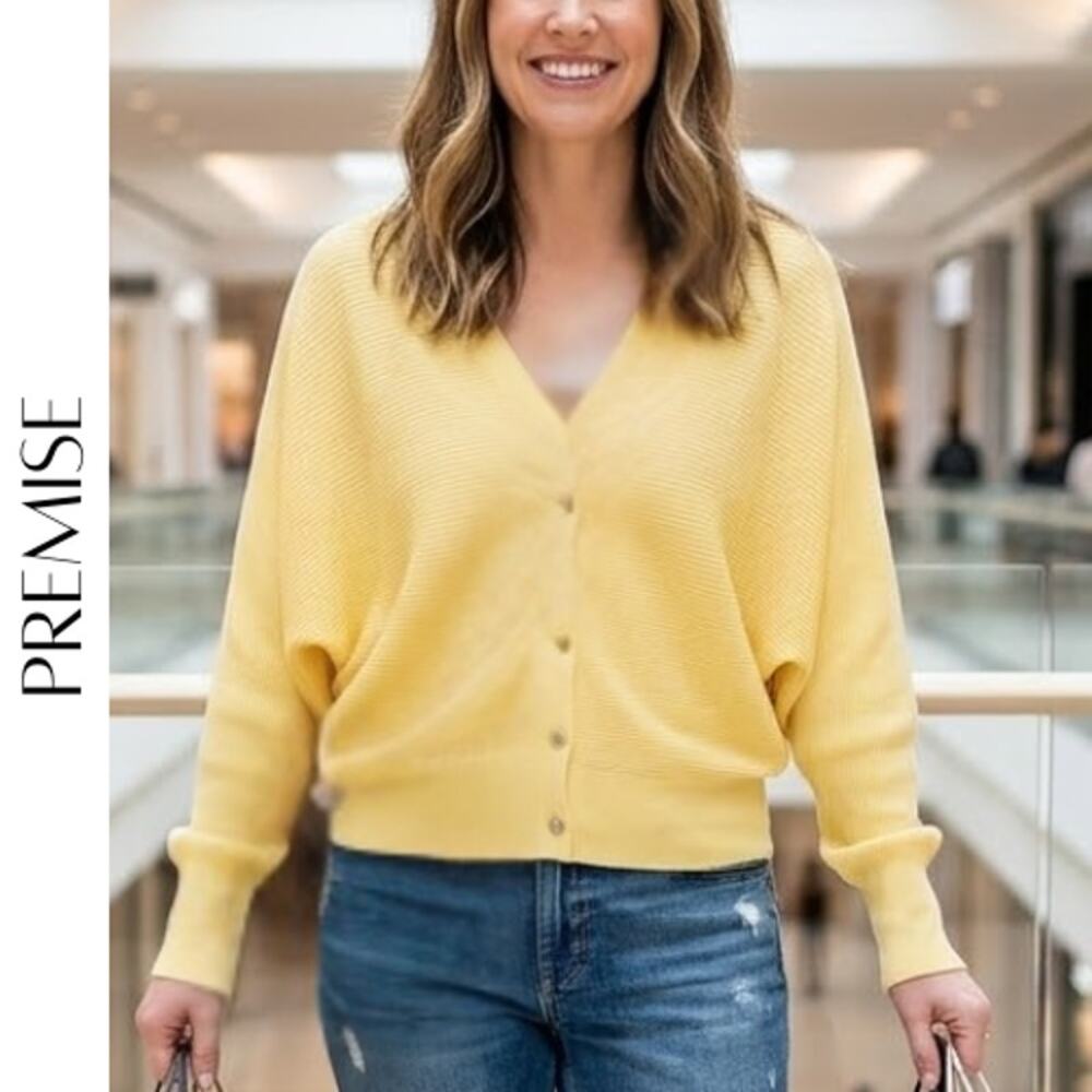 PREMISE Butter Yellow Ribbed Cardigan L Dolman Sleeve Lightweight Sweater
